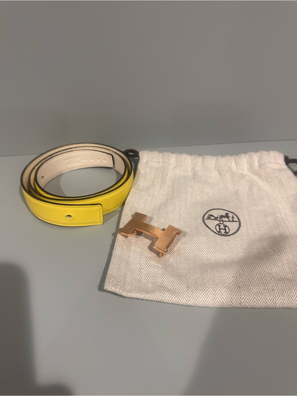 Hermès Reversible Yellow Leather Belt with Rose Gold 'H' Buckle